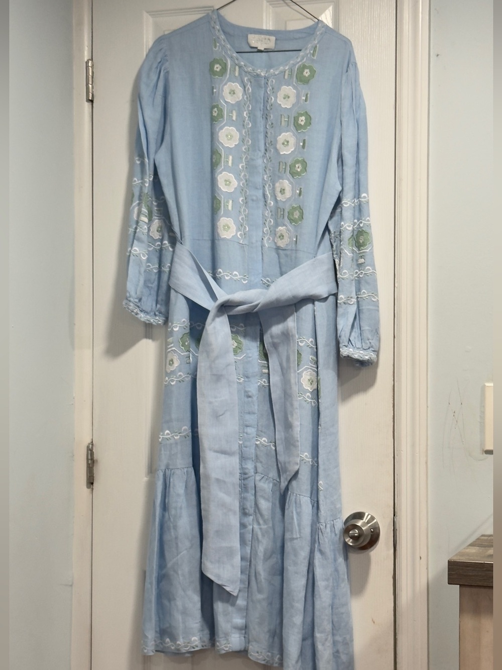 Light Blue Embroidered Maxi Dress with Tie Waist - Picture 3 of 13